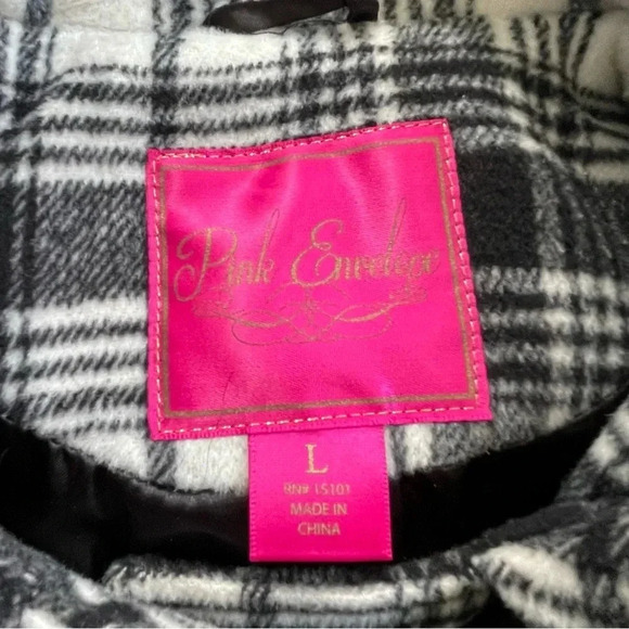 Pink Envelope Plaid Hooded Button Down Black and White Peacoat Junior’s Large - Picture 7 of 13